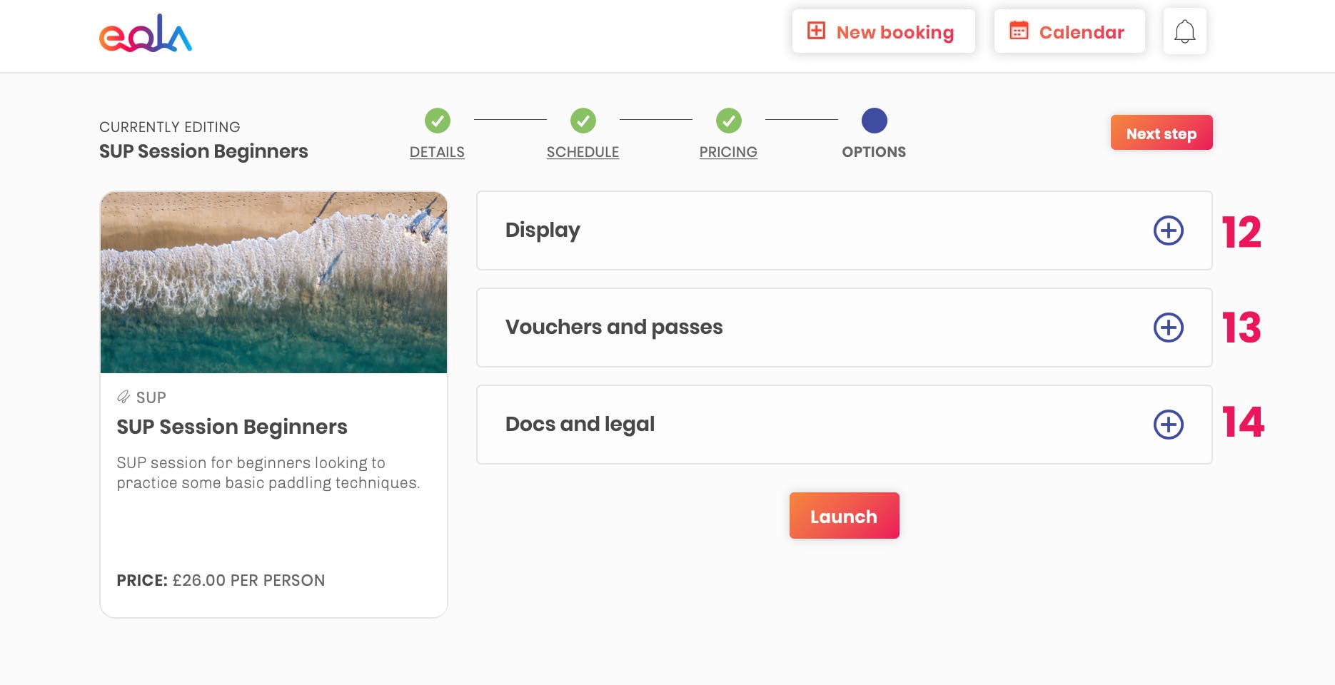 Options activity set up bookings