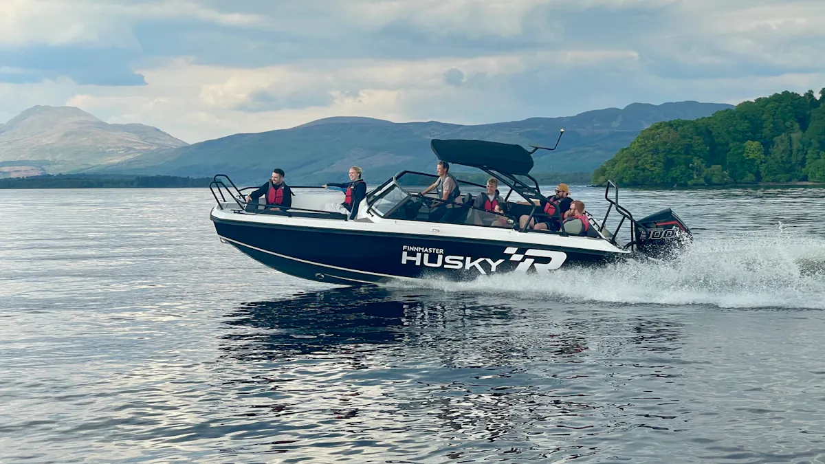 Passengers on a Husky speedboat cruising across Loch Lomond with hills behind