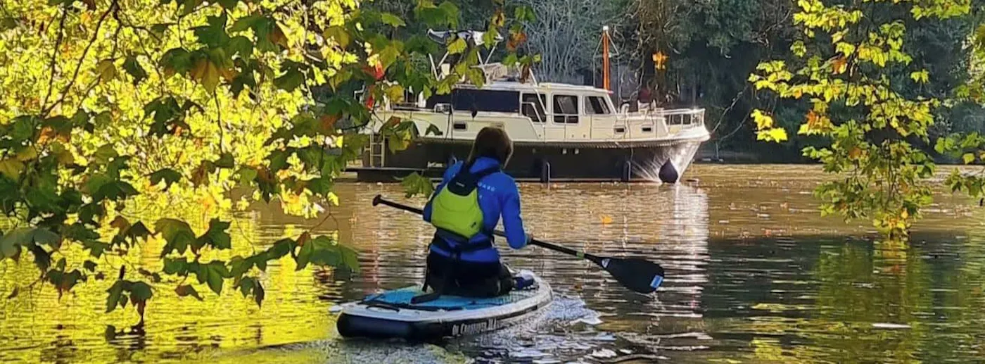 A paddleboarder kneeling on a board among autumn leaves on the River Thames in Maidenhead