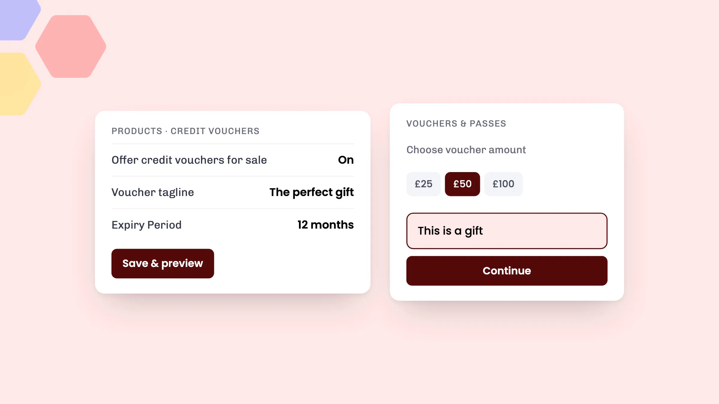 Credit voucher settings in eola next to the Vouchers & passes page where a customer picks £50 and ticks This is a gift