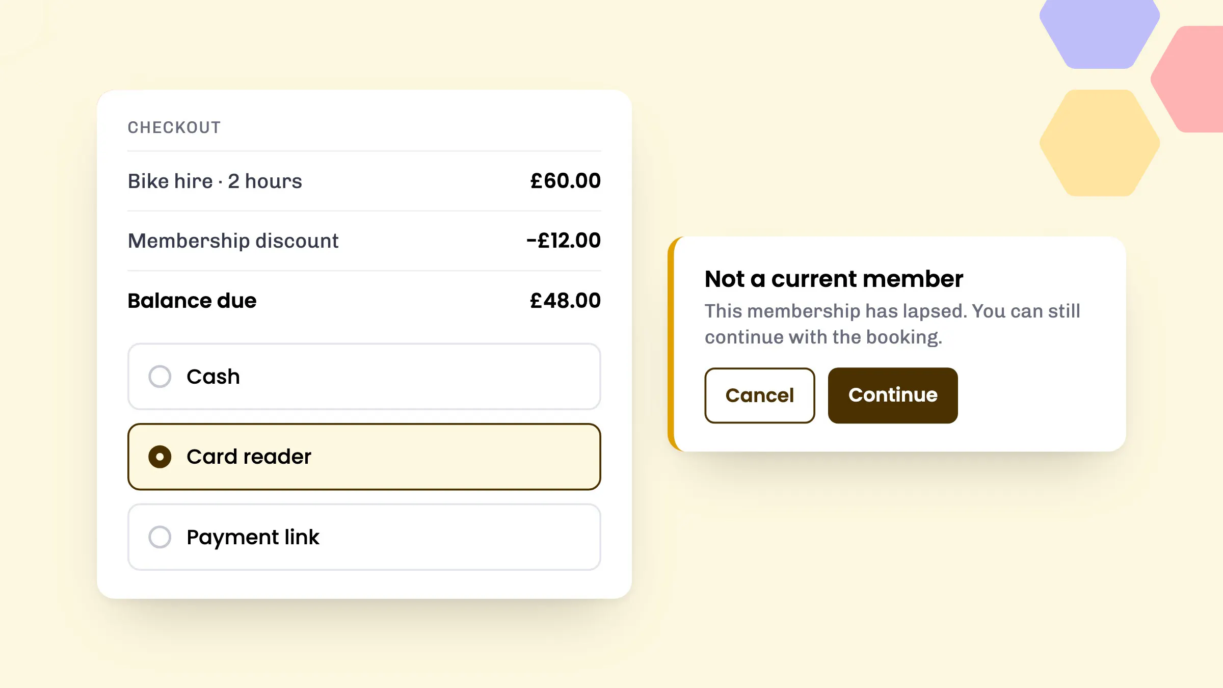 Front desk checkout in eola with a membership discount, card reader payment and a not a current member warning