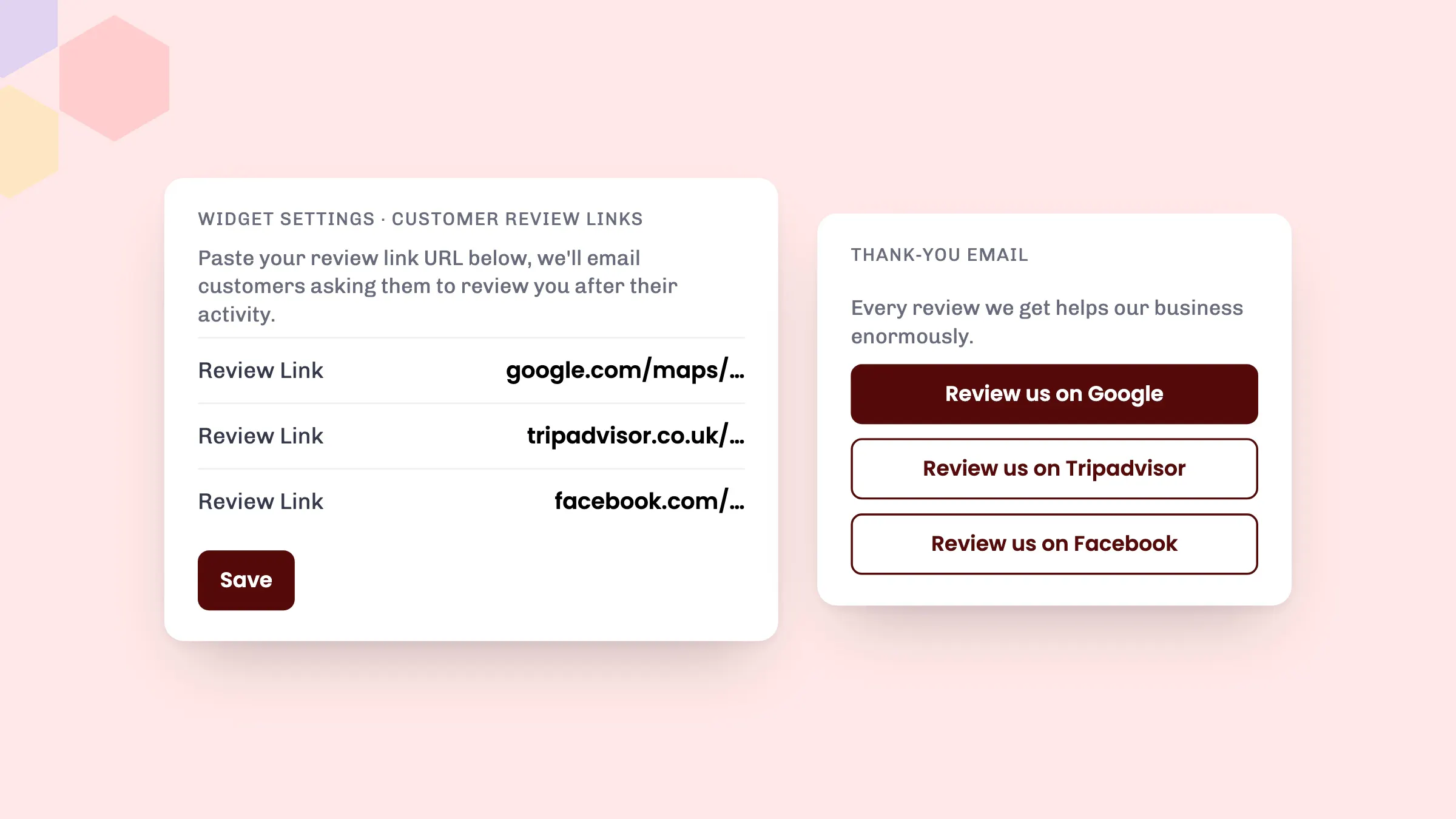 The Customer Review Links settings in eola and the thank-you email with buttons to review on Google, Tripadvisor and Facebook