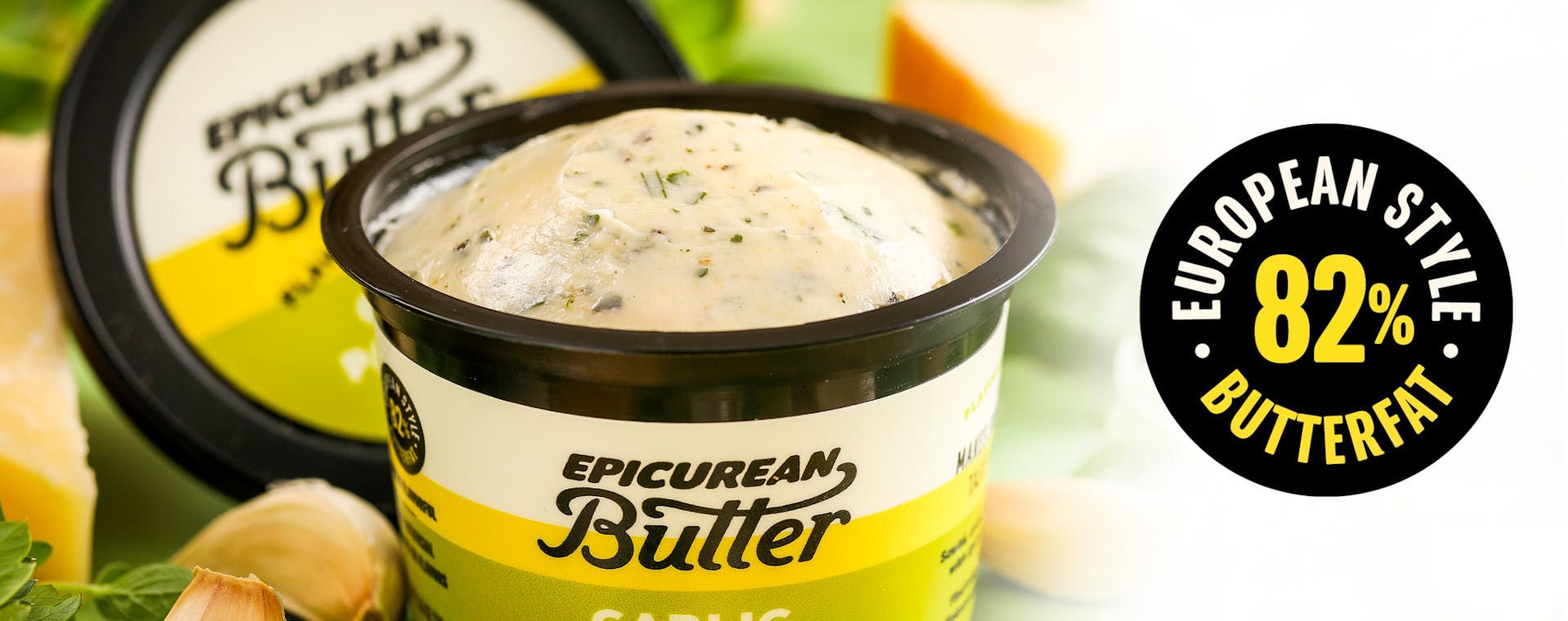 Epicurean Butter Garlic Parmesan Flavored Butter with ingredients and 82% butterfat icon.