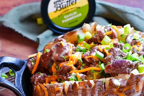 Loaded Baked Potatoe with Epicurean Butter Garlic Parmesan Flavored Butter