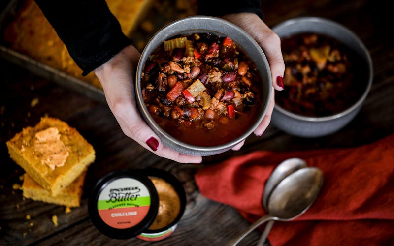 Three Bean Chili with Epicurean Butter Chili Lime Flavored Butter