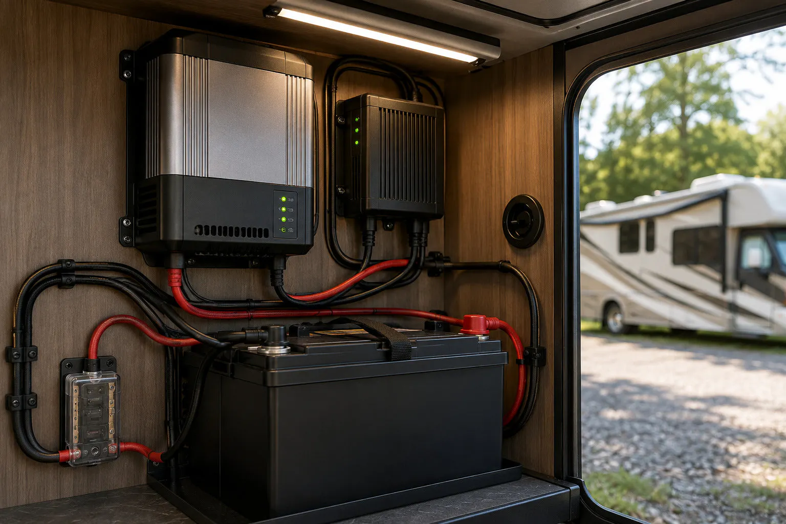 RV battery compartment with an inverter, DC-DC charger, fuse block, and a deep cycle house battery wired with red and black cables.