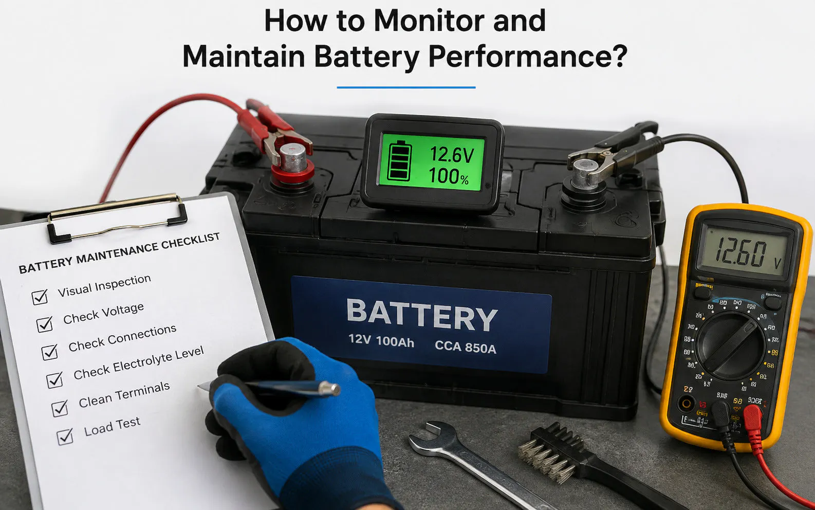 How to monitor and maintain battery performance: a 12V battery with a state-of-charge monitor reading 12.6V at 100 percent, a multimeter, terminal brush, and a battery maintenance checklist.