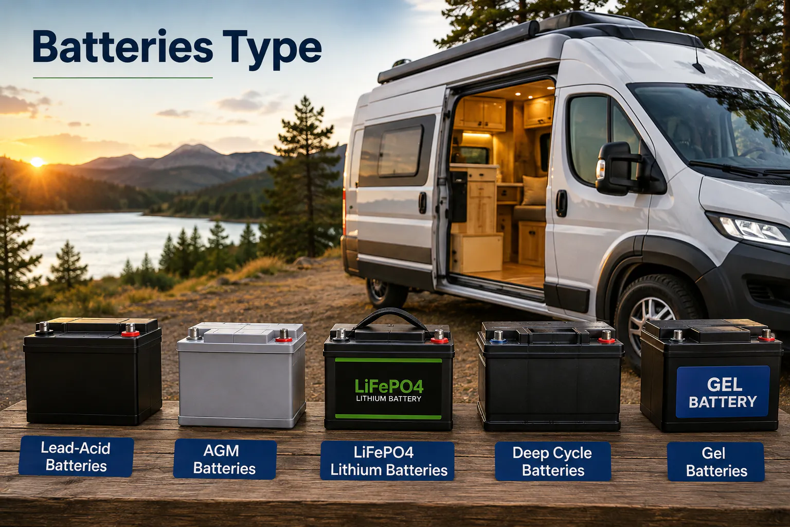 Comparison of RV and van battery types lined up in front of a camper van: lead-acid, AGM, LiFePO4 lithium, deep cycle, and gel batteries.