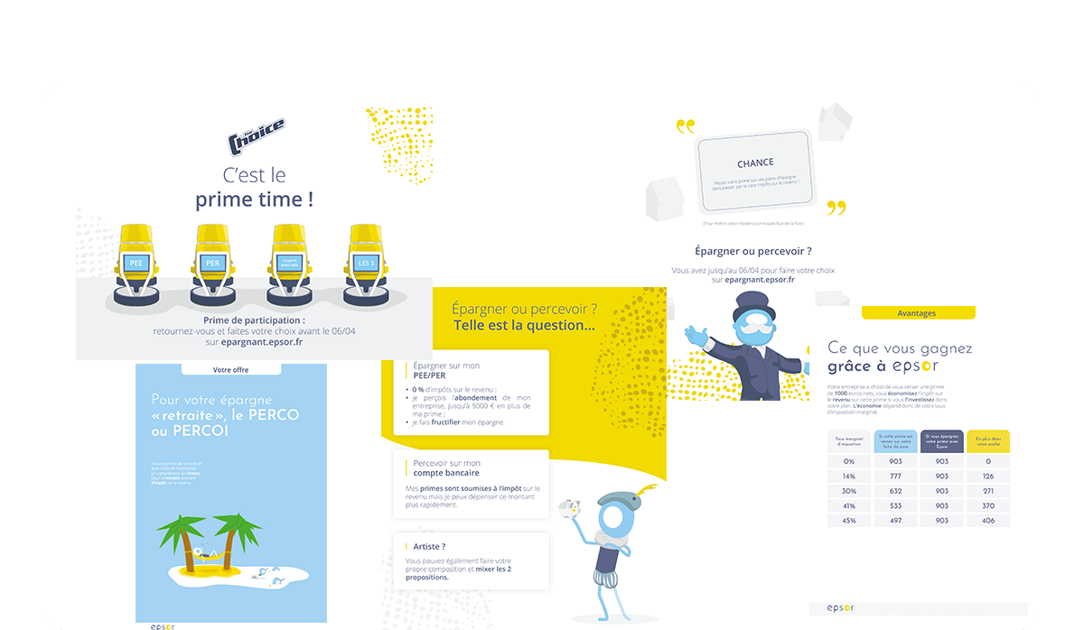 Différents outils de communication d'Epsor (Flyers, affiches, webinars, guides...)