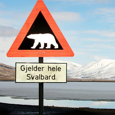 Varningsskylt för isbjörn på Svalbard.
Foto: Dominic Barrington/HGR