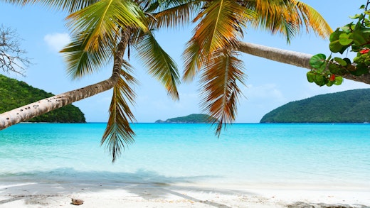 Vit strand, palmer och turkosblått hav.