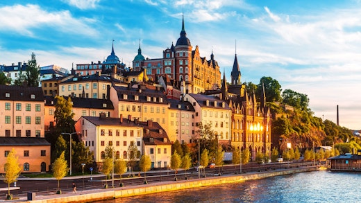 Solnedgång över Mariaberget på Södermalm i Stockholm.