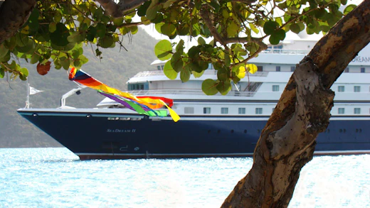 Fartyget SeaDream II sett genom träden från land.