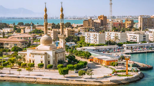 Hamnstaden Port Said vid Suezkanalens mynning i Medelhavet.