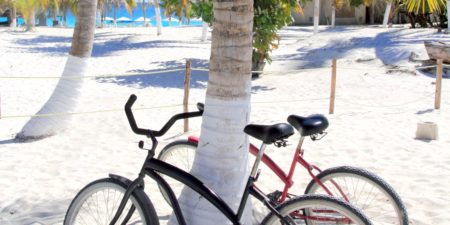 Två cyklar mot en palm på en strand i Karibien.