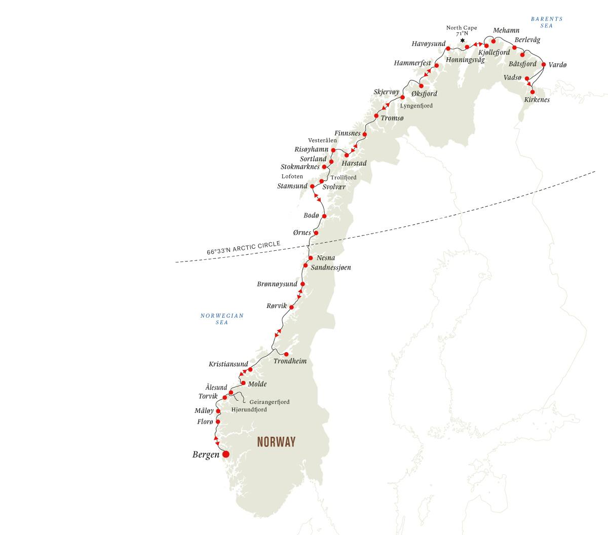 Karta över alla hamnar längs norska kusten.