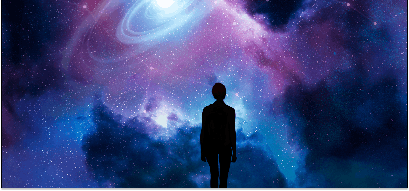 A person stands silhouetted against a vibrant galaxy with swirling stars and colorful nebulae.