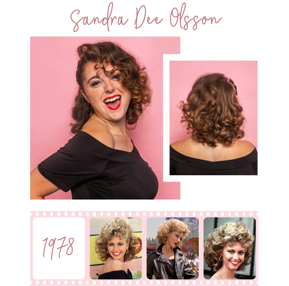 Image of esalon employee dressed as sandra dee with light brunette hair color and original image of actress below from 1978 film grease