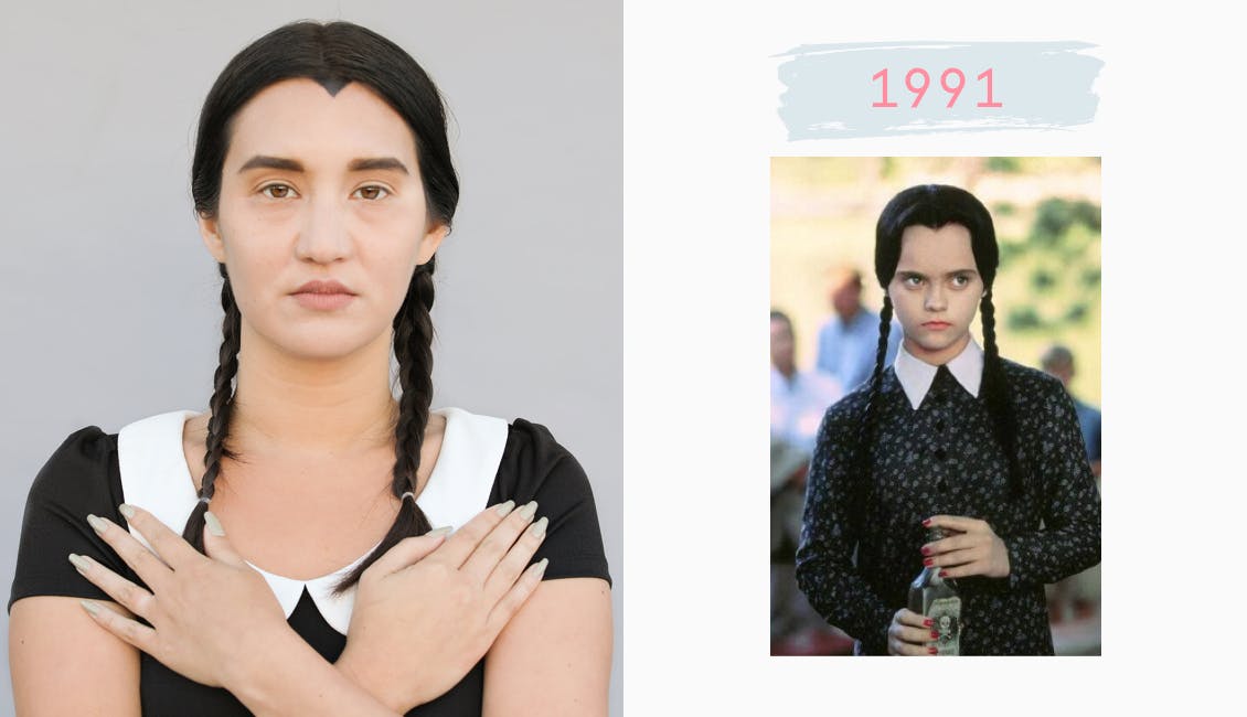 Image of esalon employee dressed as wednesday adams with her arms crossed over her check and black hair color on left image on right christina ricci as wednesday adams from 1991