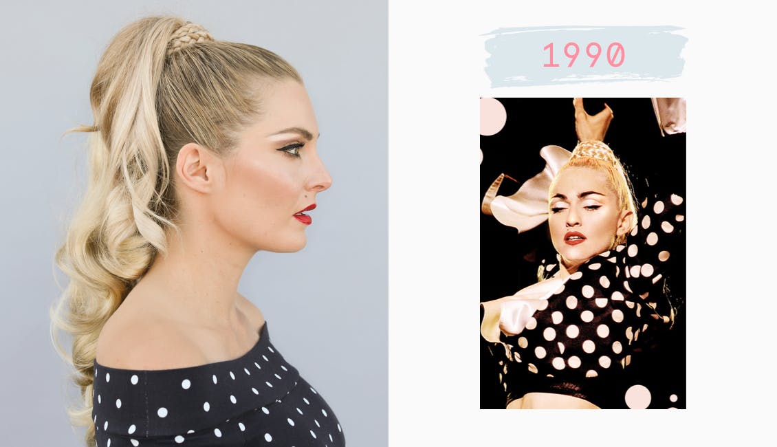 Image of esalon employee on left dressed as madonna in high ponytail and polkadotted shirt and right image of madonna in iconic look from 1990