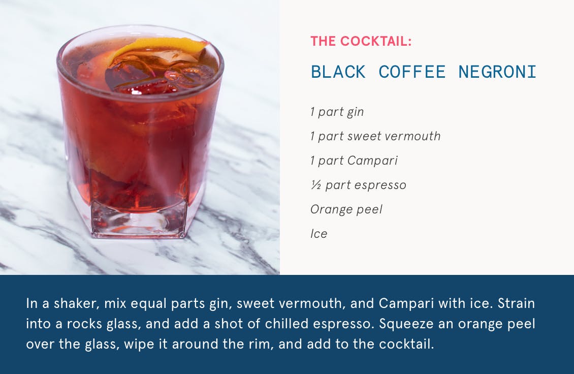 Image of new year's cocktail on left and right is text of recipe ingredients for black coffee negroni cocktail with steps on how to create the drink below