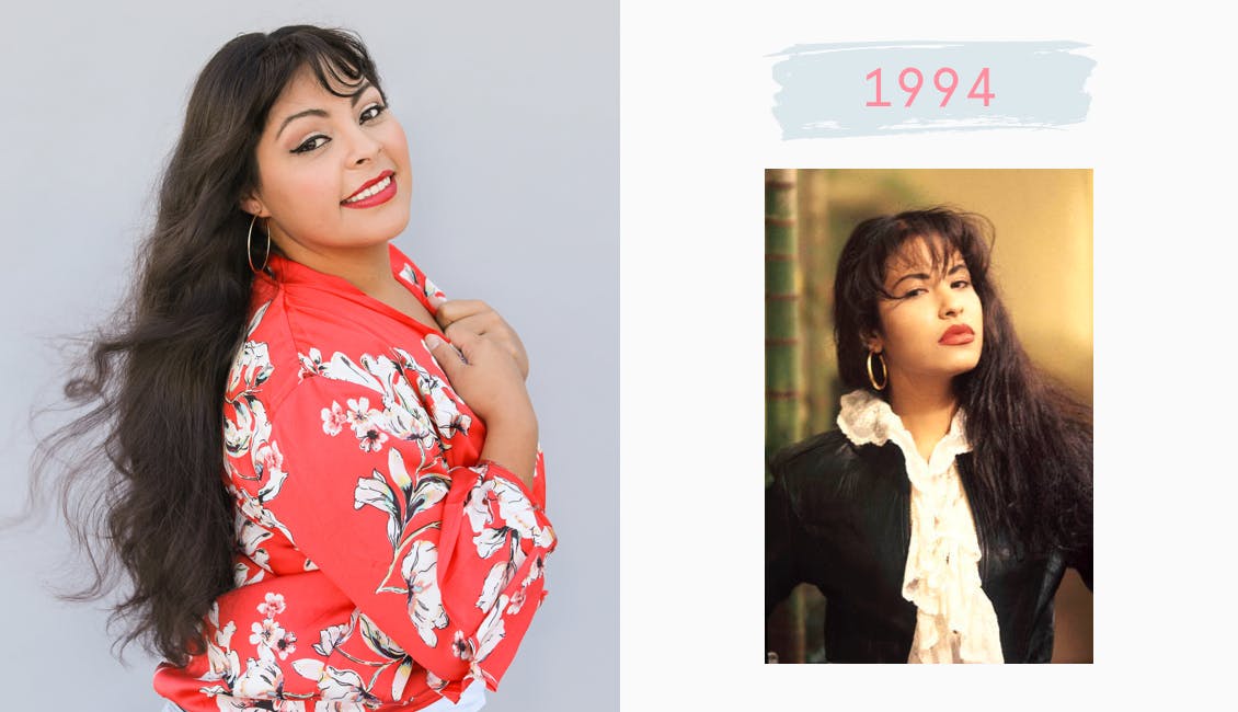Image of esalon employee dressed as Selena Quintanilla in a red flowered shirt and long dark hair color with bangs