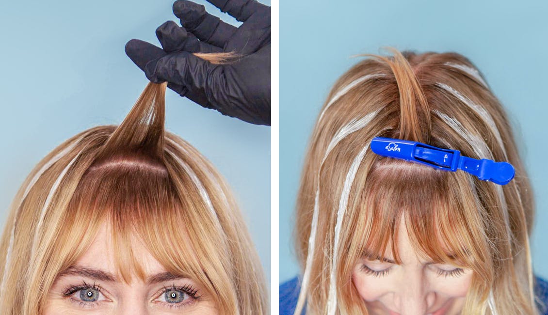 Image of esalon colorist sectioning her bangs with an esalon hair clip to give bangs a more natural look