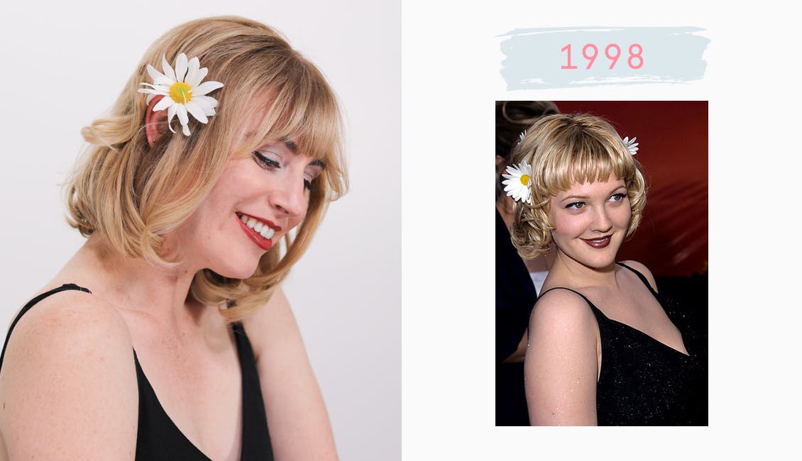 Image of esalon employee dressed as drew barrymore on the left wearing black cami and blonde short hair color and on right drew barrymore in same outfit from 1998