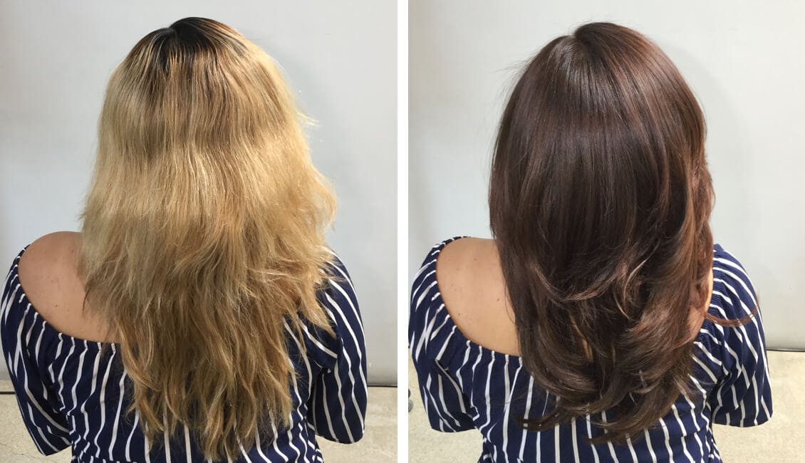 Image of woman before on the left with uneven and too-light hair color with dark roots. On the right after photo of same woman who had a color-fill to even out her color and roots