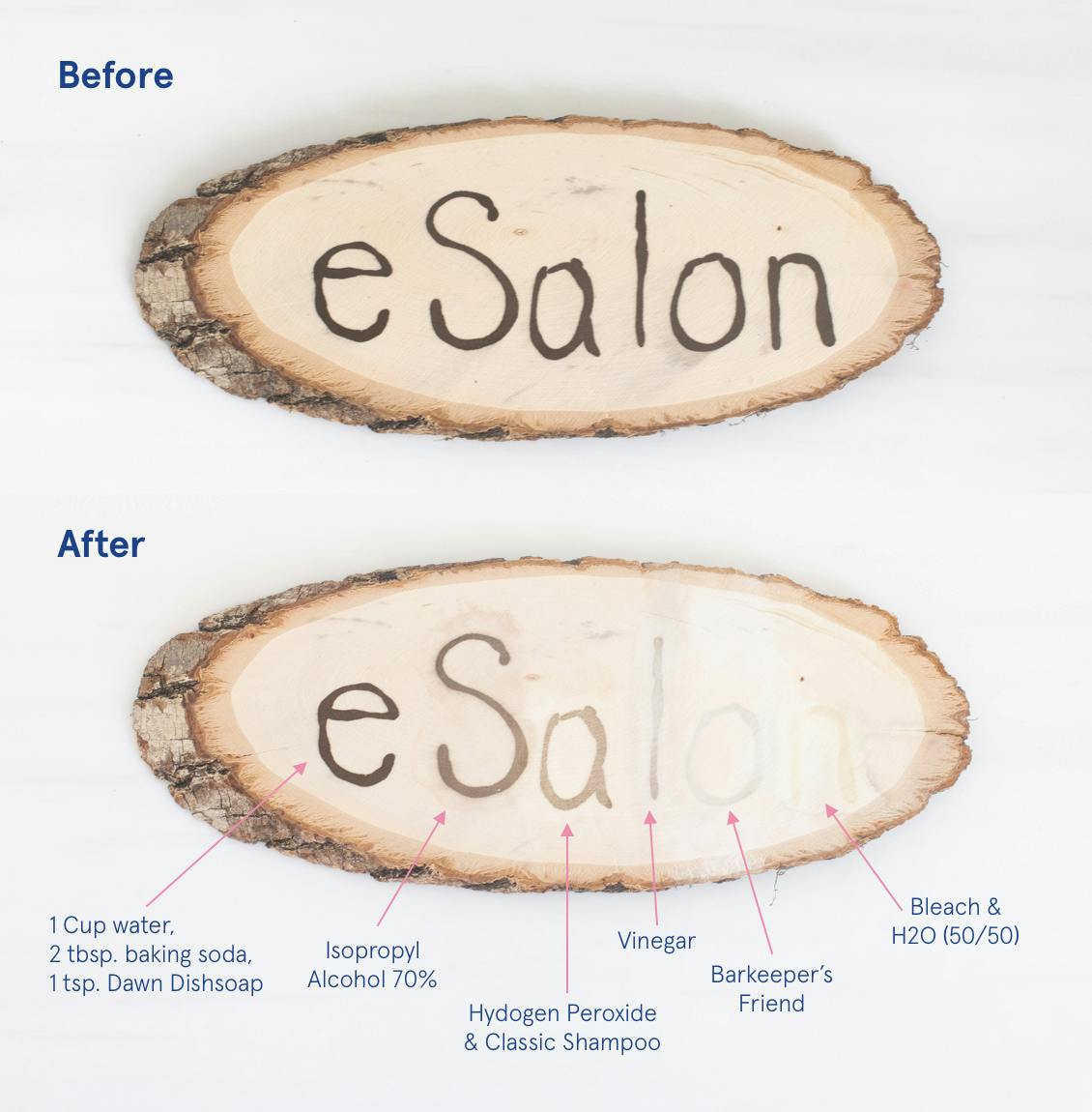 Image of stained wood piece with dye on top and below is the after image with different stain removal options and their results