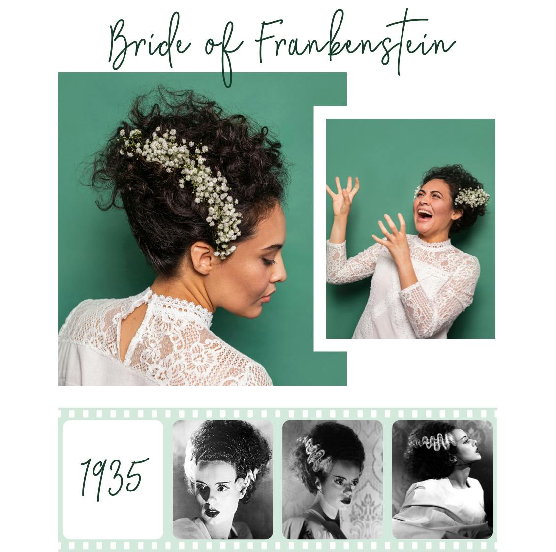 Image of eSalon employee as bride of Frankenstein costume with long curly black hair color as the focus with image below of original look from 1935