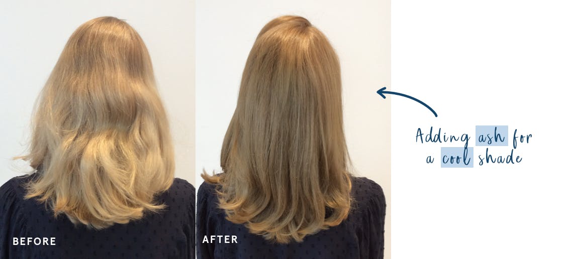 Image of woman before on the left with brassy hair and image of woman on right after she's added ash tones to her hair to make it more cool with eSalon hair color