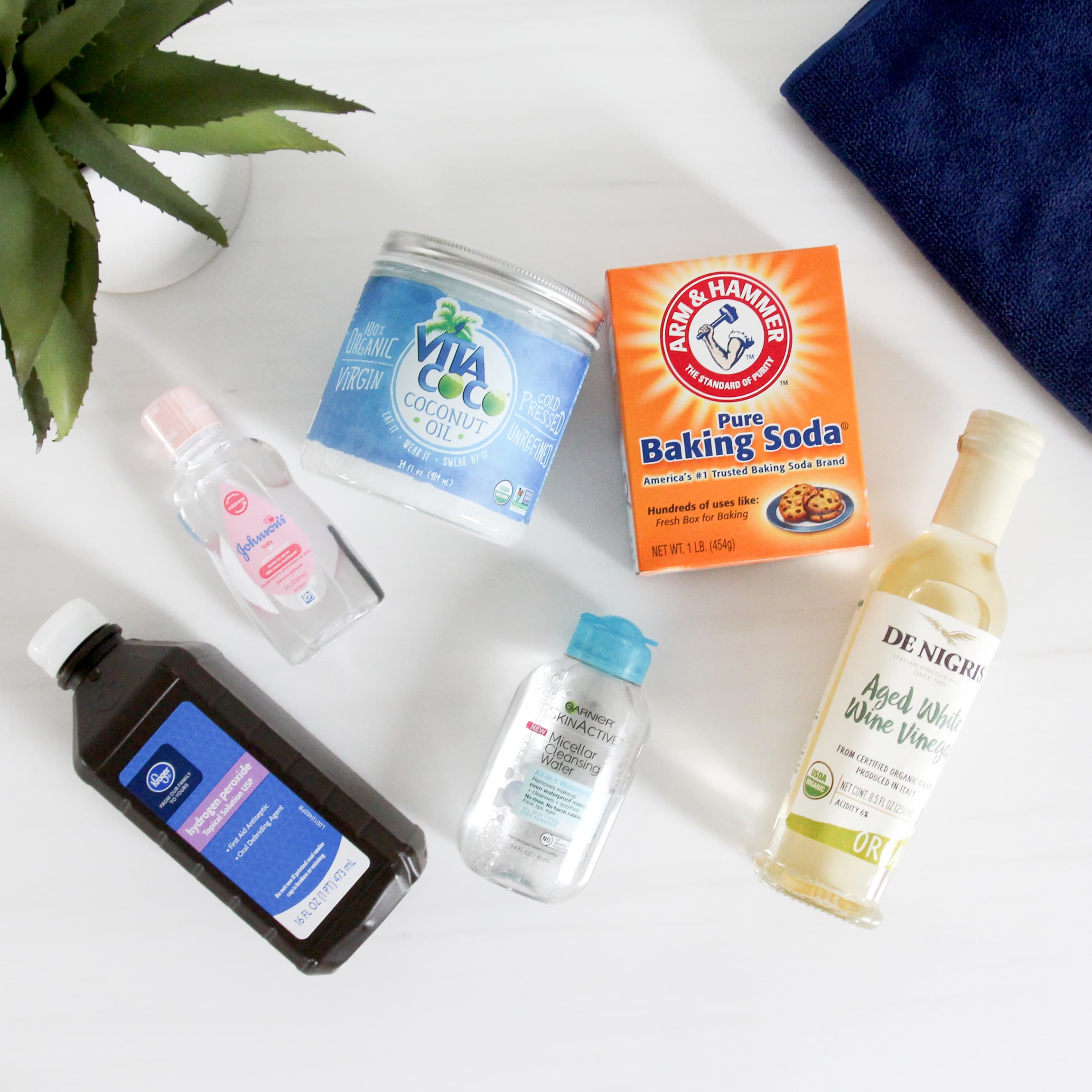 Image of household items to help remove hair color stains from countertops, skin, floors, and clothes when coloring hair at home