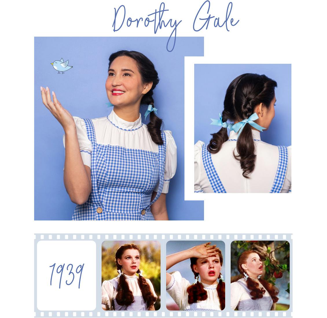 Image of esalon employee as dorothy gale from the wizard of oz with dark brunette hair color and pigtails with collage of original actress image below from 1939
