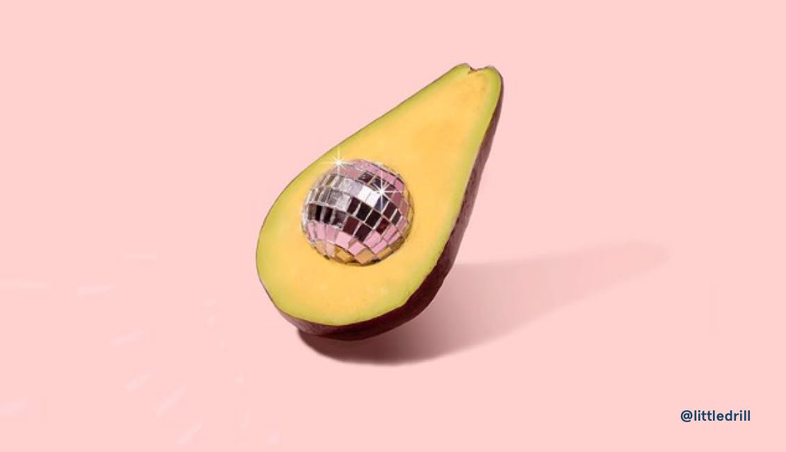 Image of avocado with disco ball in the pit made by photographer