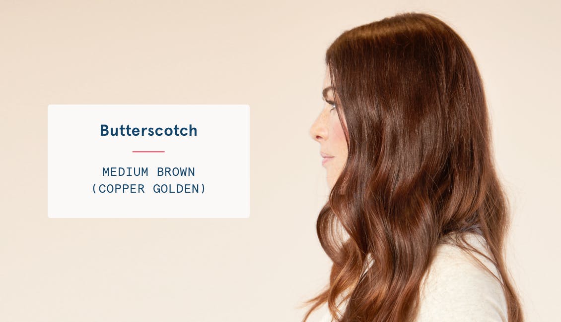 Image of woman's profile with long hair in custom butterscotch brunette hair color