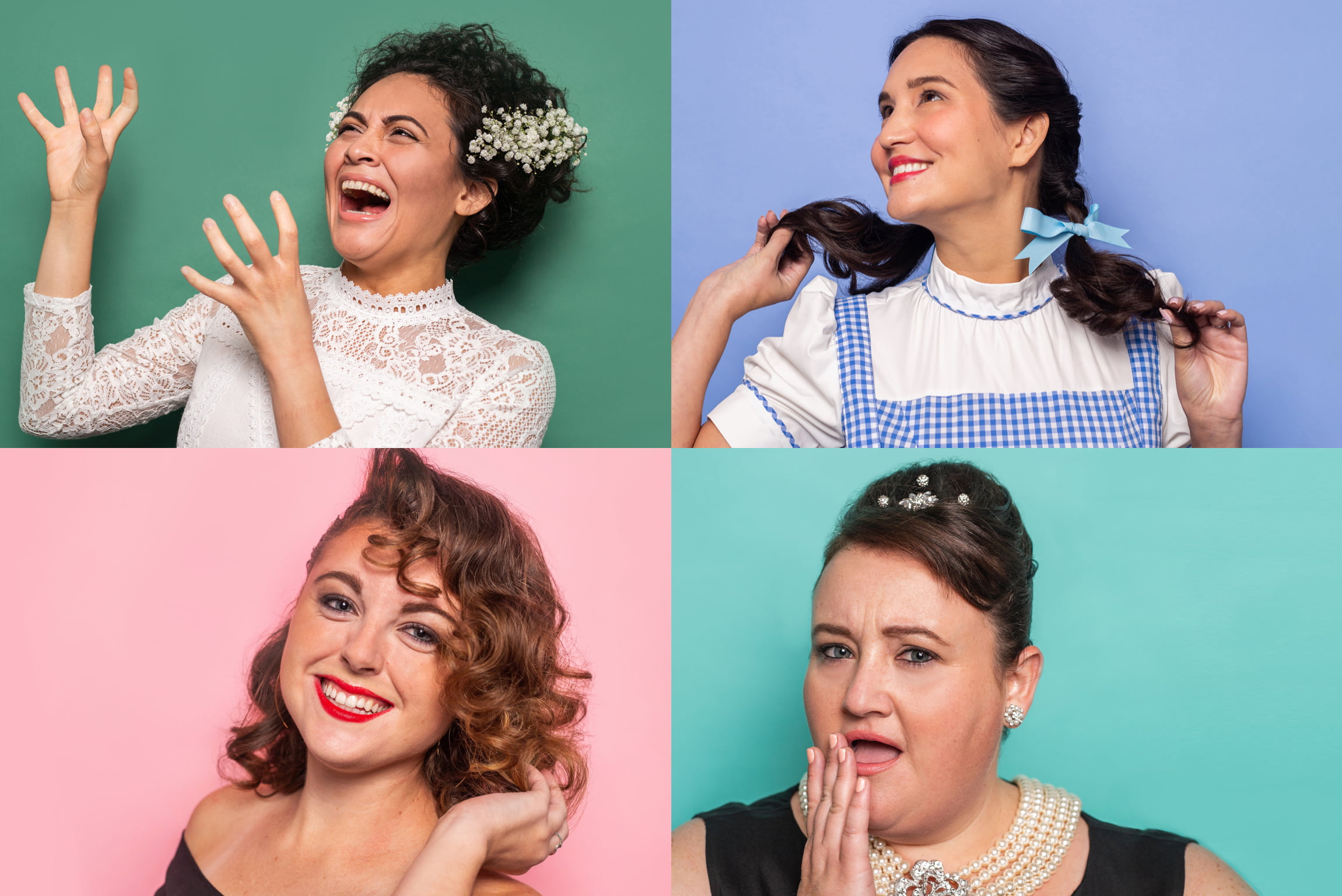 Hero collage image of esalon employees in nostalgic costumes focused on hair color