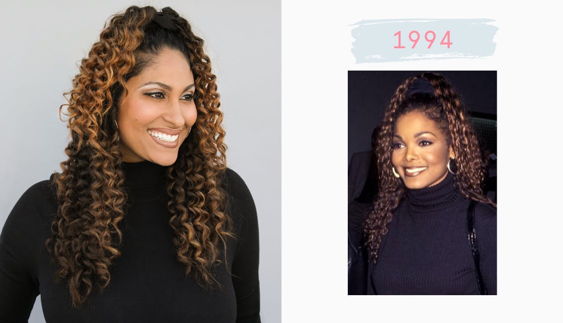 Image of esalon employee on left dressed as janet jackson with curls and black turtleneck and right image of janet jackson in 1994 