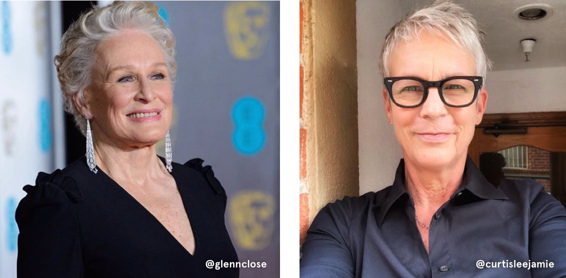 Glenn Close and Jamie Lee Curtis have gorgeous, light and bright gray hair colors, shown here in pixie cuts.