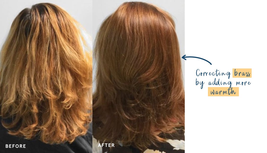 Image of woman before on the left with lots of brassy tones in her hair and image on right shows how to counteract brass by adding warmth which can improve the hair color with eSalon