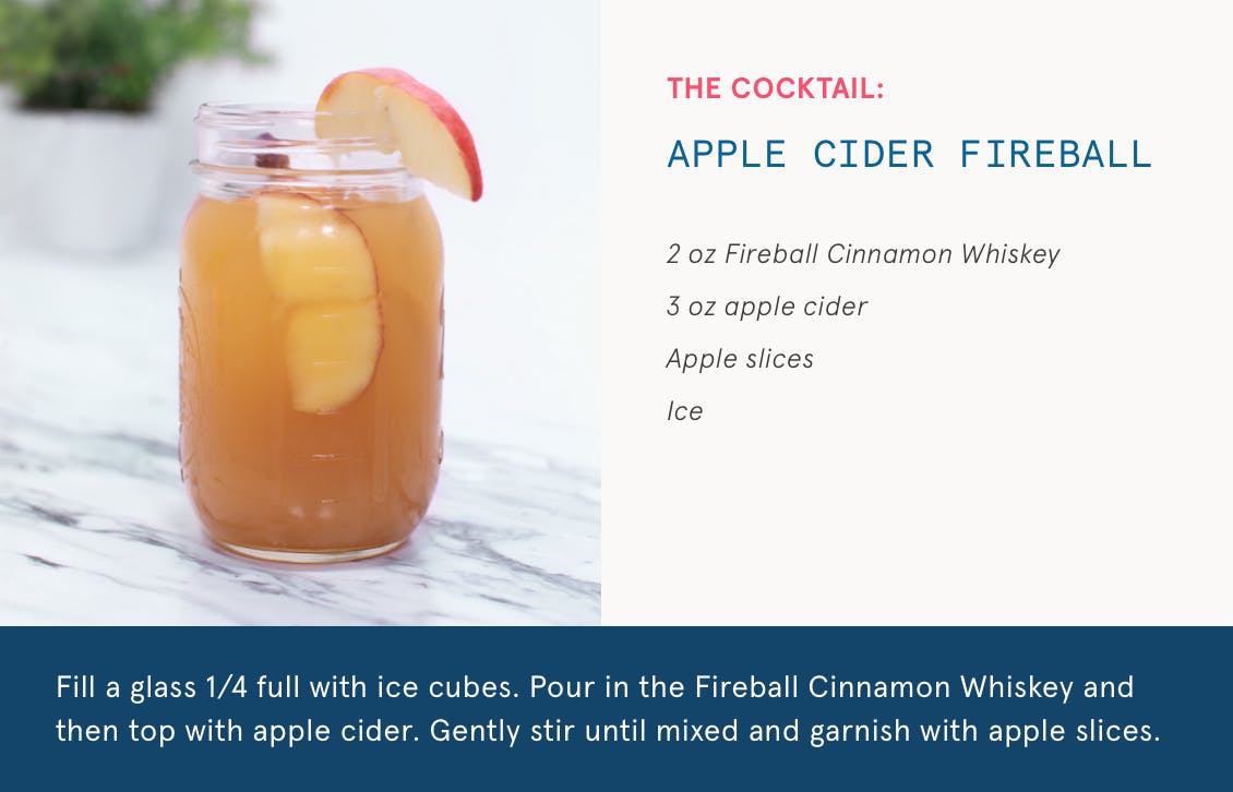 Image of apple cider fireball cocktail for the new year and a list of ingredients with bottom of image filled with steps on how to do it