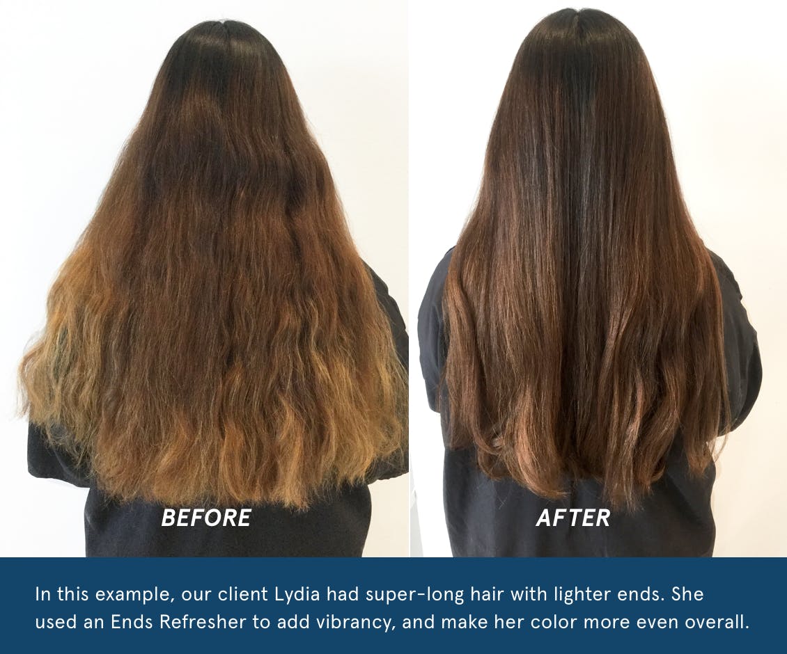 Image of esalon client before on left with faded ends and after with seamless color using one custom ends refresher on her roots