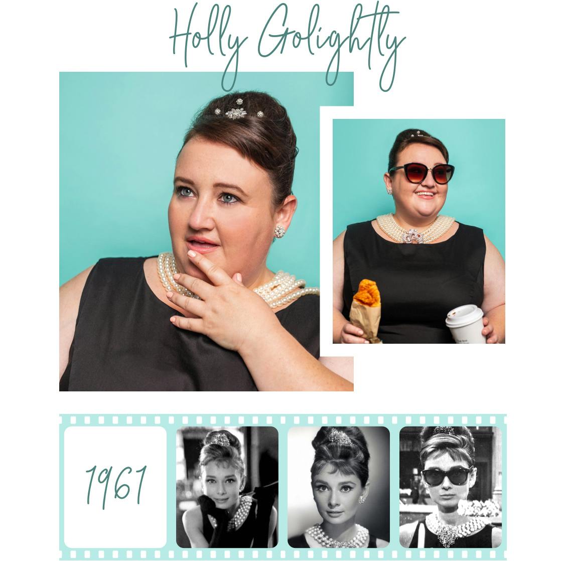 Image of esalon employee as holly golightly from breakfast at tiffany's with images of orignal look from 1961 below