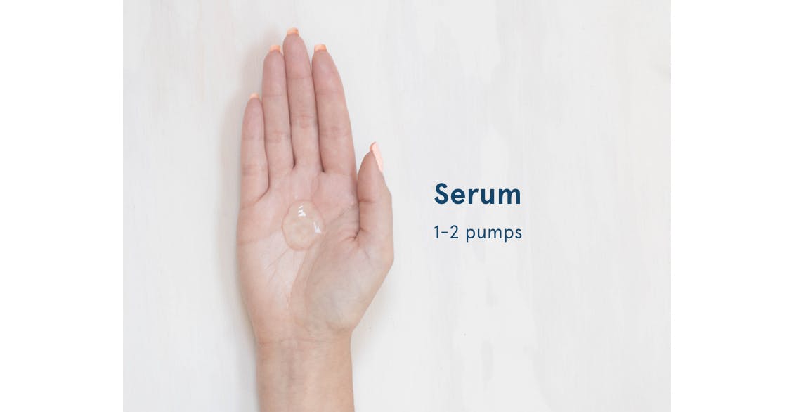 Image of hand with 1-2 pumps of serum in palm to show the proper amount to use in hair