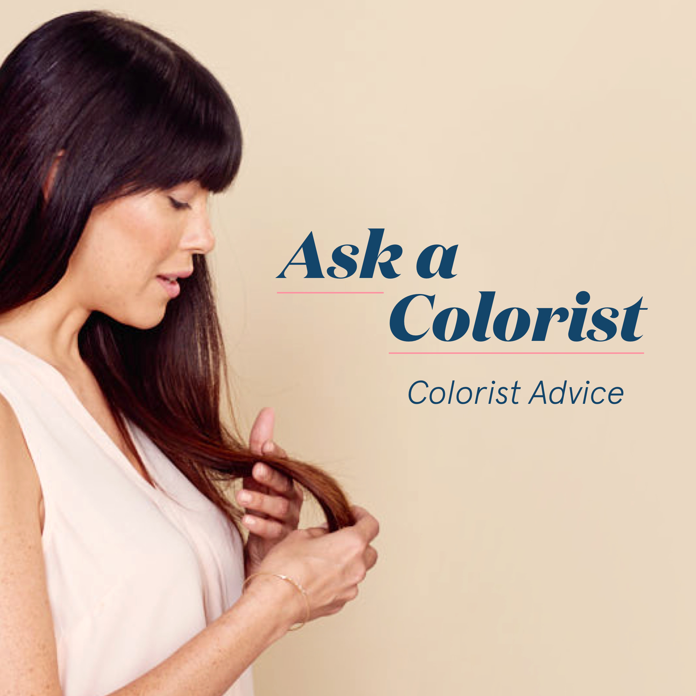 eSalon client with dark brunette mahogany hair color, looking over the ends of her hair to see how light she wants to go with her hair color. Lightening already-colored hair is a process and there's more to it than you think.
