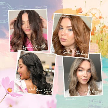 A collage of four Color Muses showcasing our Spring & Summer Hair Color Trends. Custom hair colors from left to right: Expensive Brunette, Dark Brown Sugar, Sunkissed Strawberry, Sandy Bronde.
