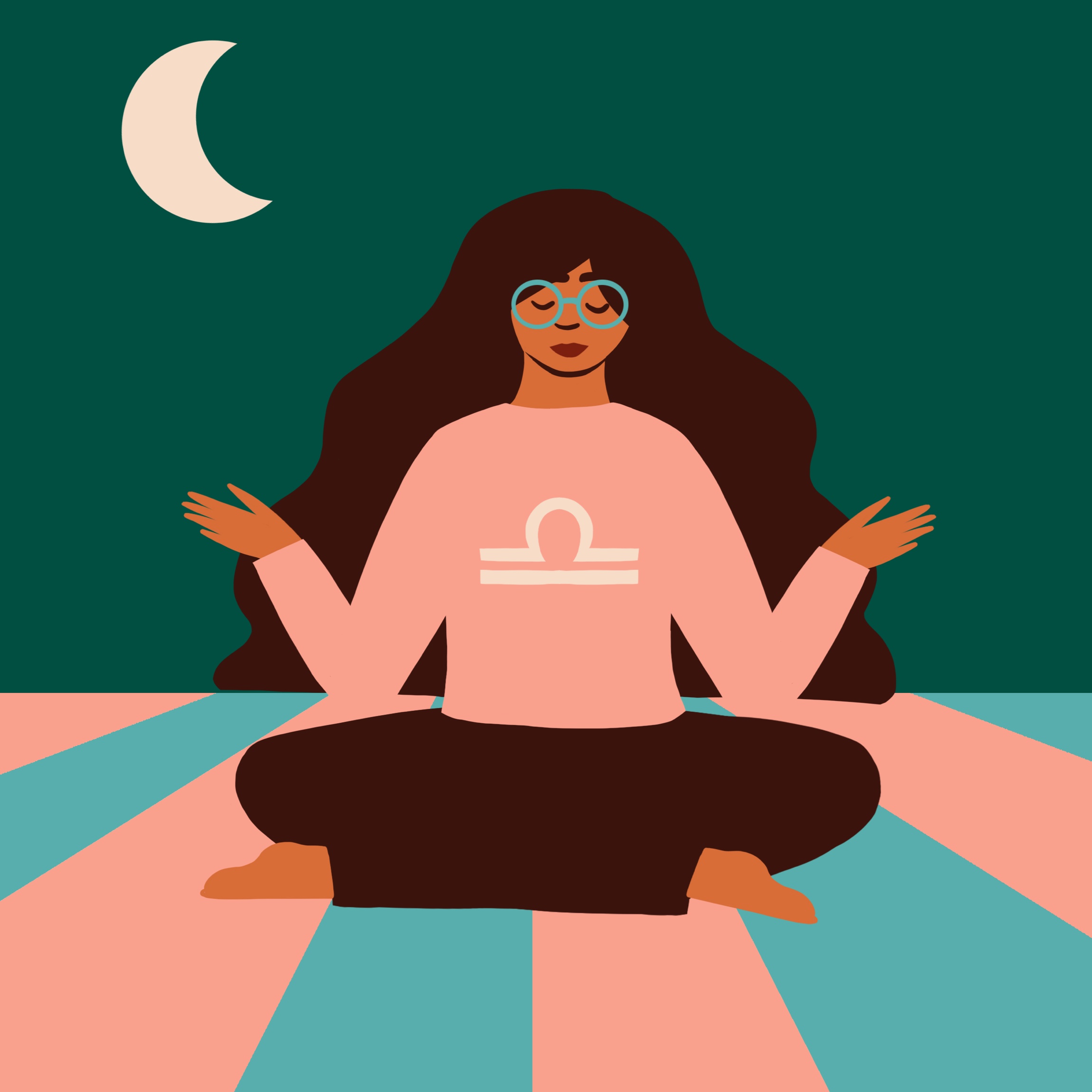 Libra woman with dark custom hair color meditating under the moon. 