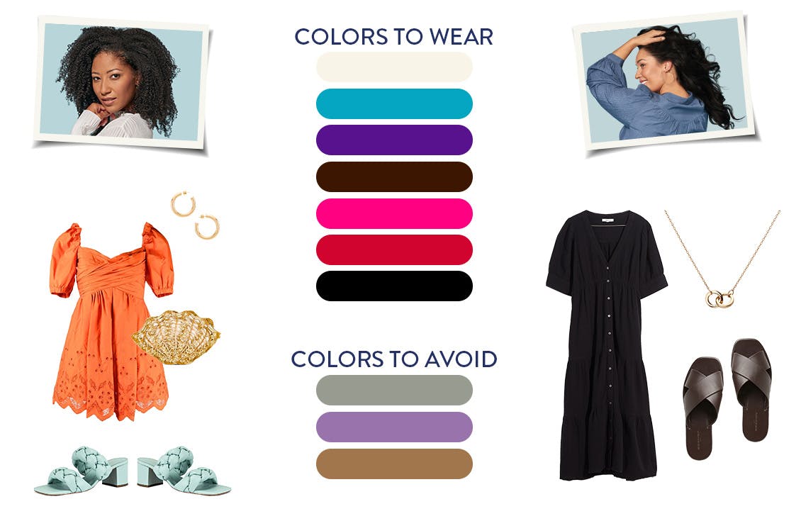 Digital collage of springtime clothing and accessories that people with black hair shades should wear to compliment their hair color. This collage also includes color swatches of Colors to Wear and Colors to Avoid. 