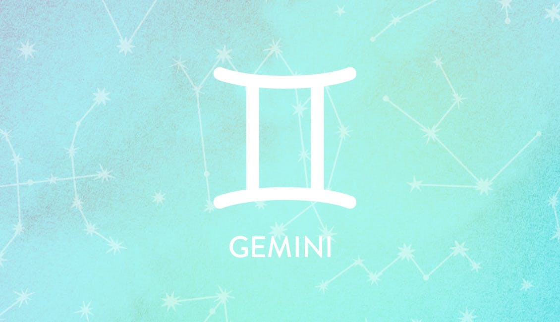 The Zodiac symbol for Gemini with constellations in the background
