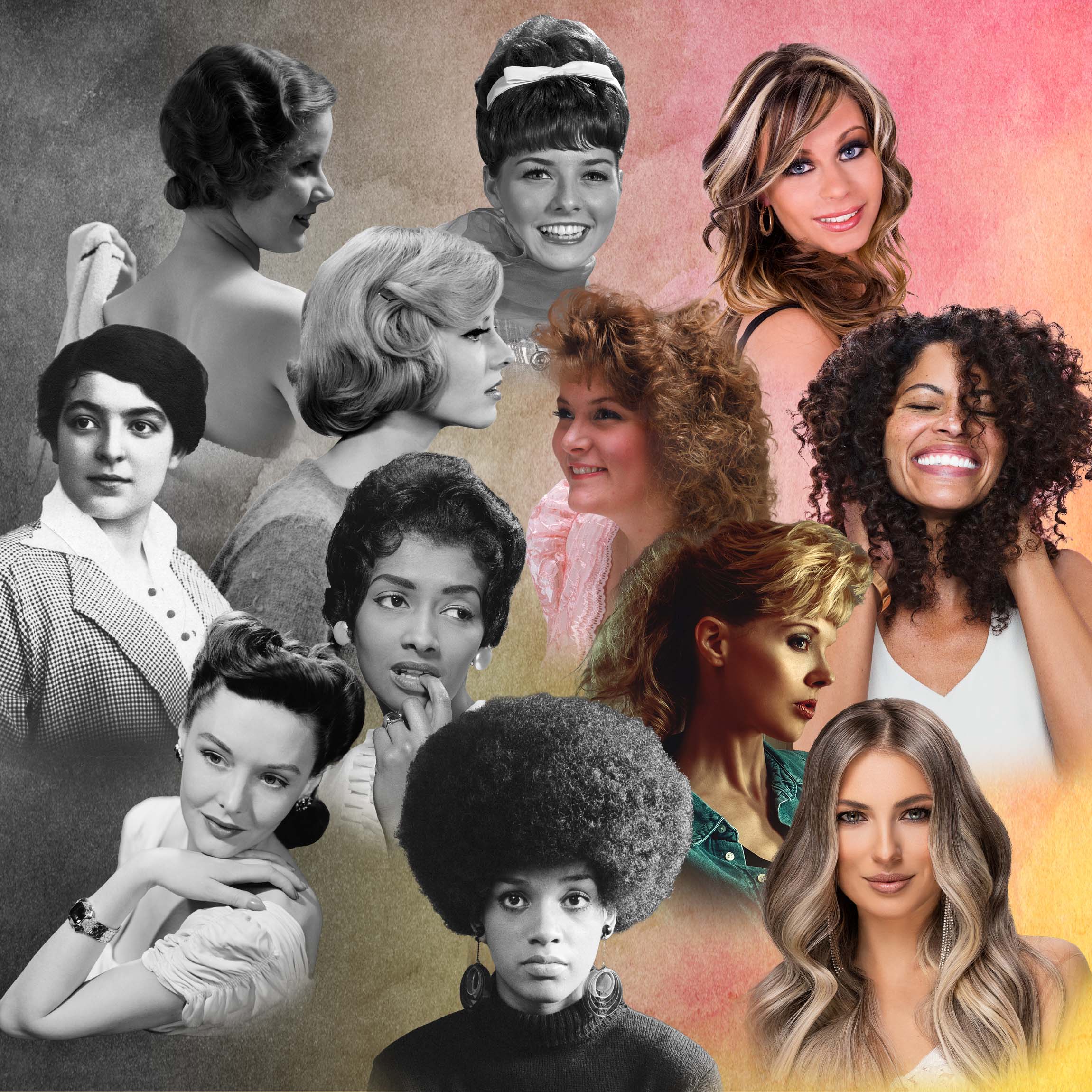 Multiple women throughout periods in history with different hairstyles. 